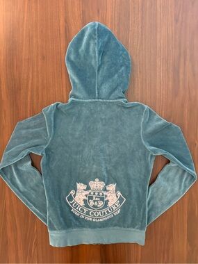 Authentic Y2K Juicy Couture velour zip hoodie in the prettiest muted teal/blue